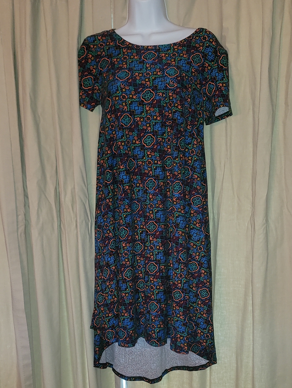 LuLaRoe High-Low Carly Dress in Black with Blue & Orange Print  LEGGING MATERIAL